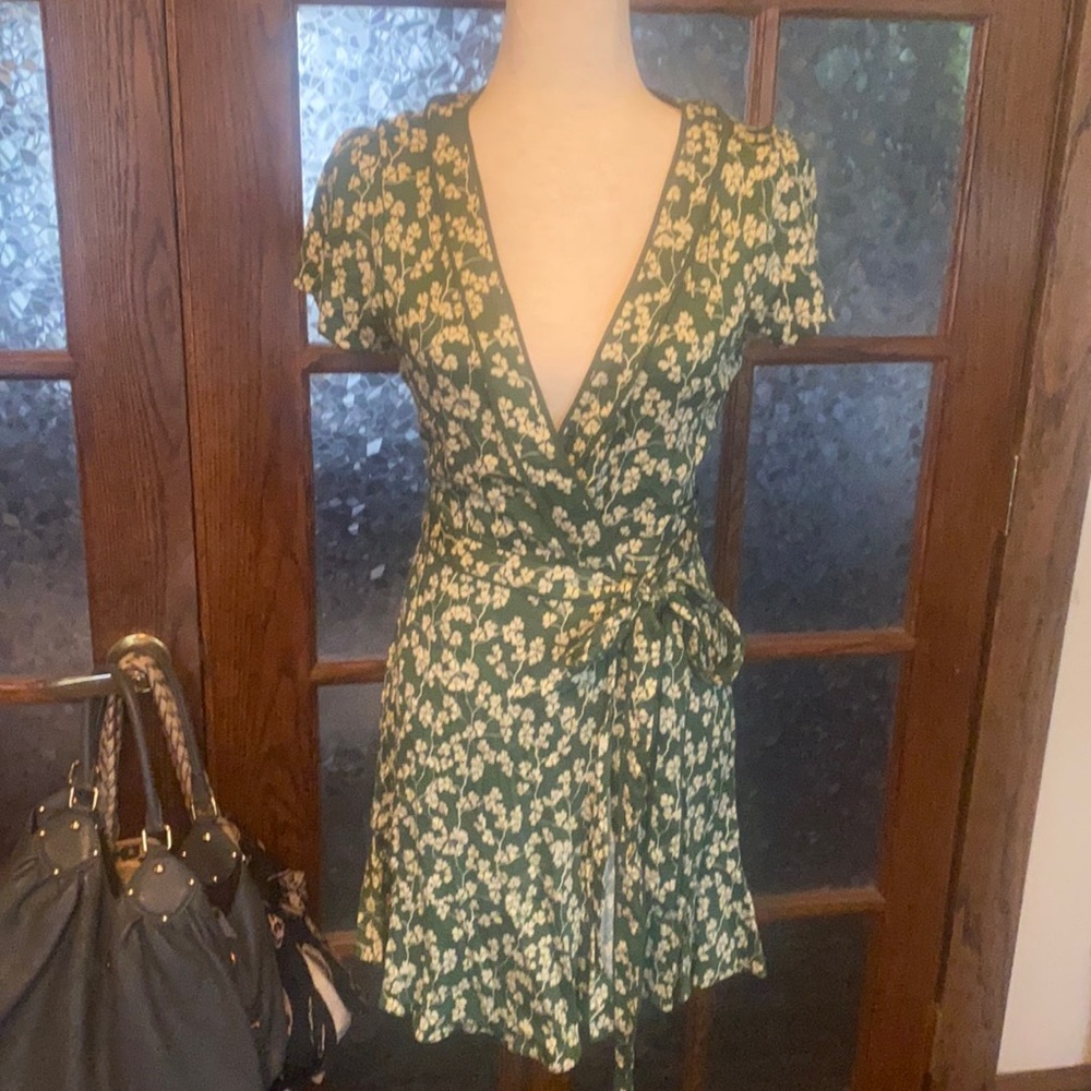 Green and cream floral wrap dress size medium